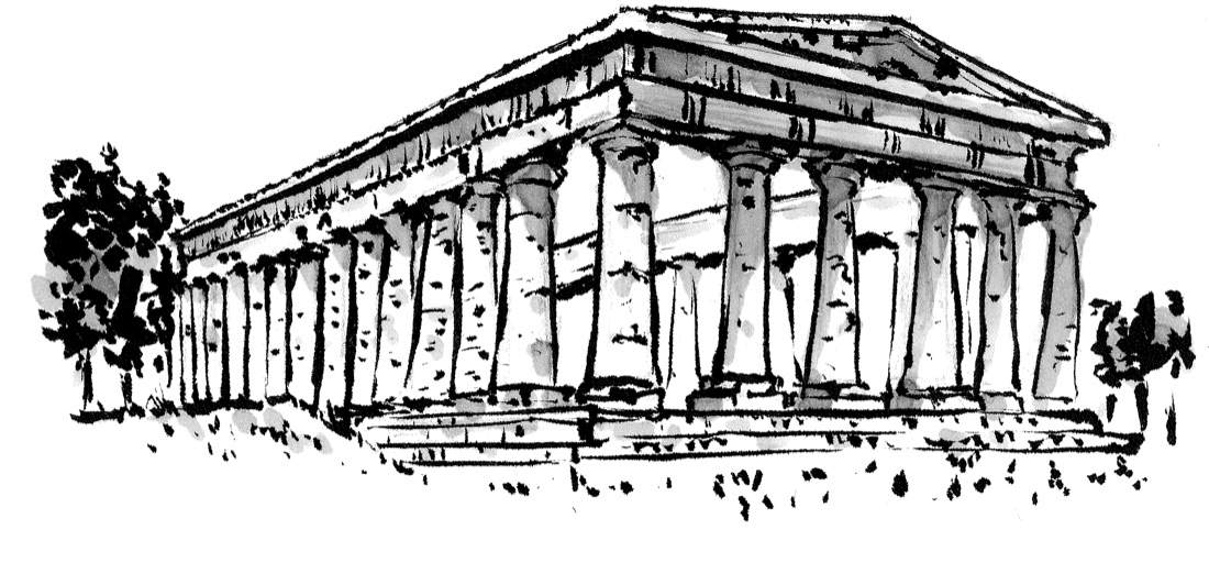 Black ink architectural study of a Greek temple